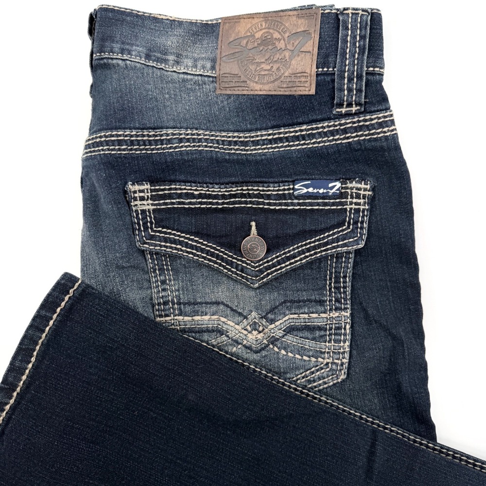 Seven7 Straight Jeans Mens 34x34 Dark Wash Excellent Flap Pocket Contrast Stitch